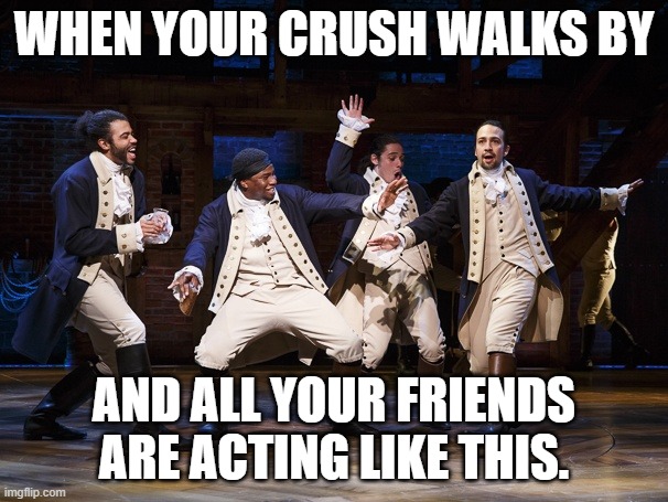 Hamilton boys | WHEN YOUR CRUSH WALKS BY; AND ALL YOUR FRIENDS ARE ACTING LIKE THIS. | image tagged in hamilton boys | made w/ Imgflip meme maker