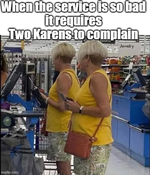 Sisters Tag Team Customer Service | When the service is so bad
it requires Two Karens to complain | image tagged in two karens meme | made w/ Imgflip meme maker