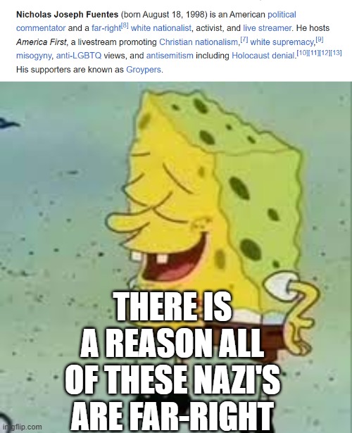"but the left" | THERE IS A REASON ALL OF THESE NAZI'S ARE FAR-RIGHT | image tagged in spongebob shaking head | made w/ Imgflip meme maker