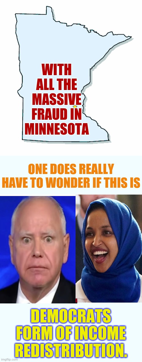 Democrats Form Of Income Redistribution | WITH ALL THE MASSIVE FRAUD IN MINNESOTA; ONE DOES REALLY HAVE TO WONDER IF THIS IS; DEMOCRATS FORM OF INCOME REDISTRIBUTION. | image tagged in minnesota,democrats,huge,fraud,politics,memes | made w/ Imgflip meme maker
