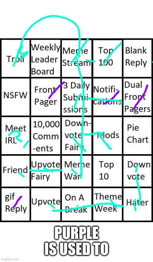 imgflip Bingo | PURPLE IS USED TO | image tagged in imgflip bingo | made w/ Imgflip meme maker