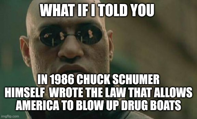 Matrix Morpheus Meme | WHAT IF I TOLD YOU; IN 1986 CHUCK SCHUMER HIMSELF  WROTE THE LAW THAT ALLOWS AMERICA TO BLOW UP DRUG BOATS | image tagged in memes,matrix morpheus | made w/ Imgflip meme maker