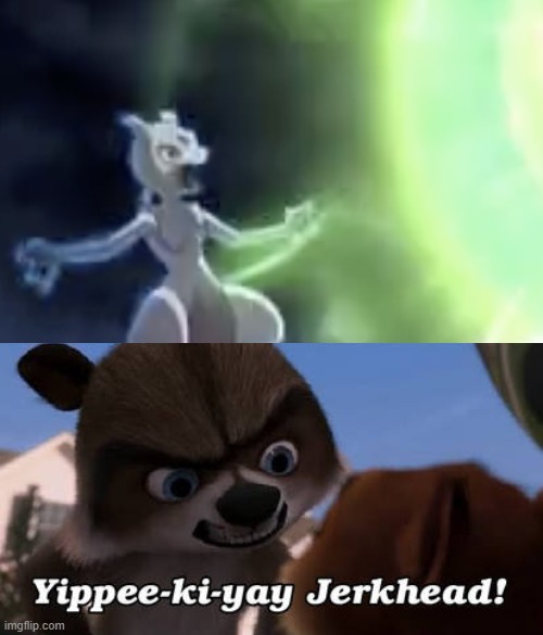 rj says yippee-ki-yay to mewtwo | image tagged in rj says yippee-ki-yay to who,pokemon,dreamworks,mewtwo,crossover memes,yippee | made w/ Imgflip meme maker
