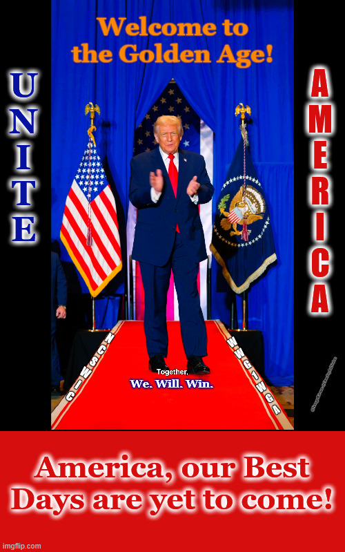 Welcome To The Golden Age! | Welcome to the Golden Age! U
N
I
T
E; A
M
E
R
I
C
A; N
C
S
W
I
C; W
W
G
1
W
G
A; We. Will. Win. @SongofGrace @OneJoyfulNoise; America, our Best Days are yet to come! | image tagged in golden age | made w/ Imgflip meme maker