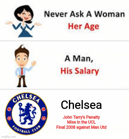 Back in the day that Man Utd completed the treble and JT and Anelka missed key penalties for Chelsea in 2008 | Chelsea; John Terry's Penalty Miss in the UCL Final 2008 against Man Utd | image tagged in never ask a woman her age,chelsea,manchester united,champions league,memes,sports | made w/ Imgflip meme maker