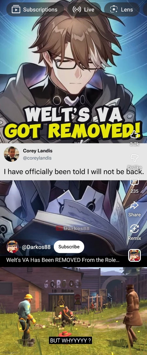 Awww man. I hope his new EN voice will be just as amazing as the old one. | image tagged in heavy but why,honkai star rail | made w/ Imgflip meme maker