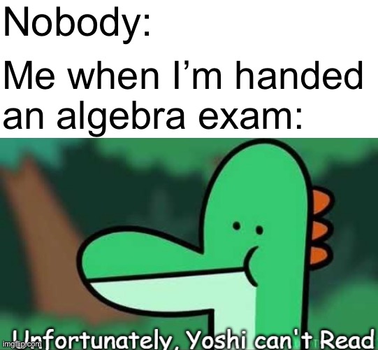 Unfortunately, Yoshi Can't Read | Nobody:; Me when I’m handed an algebra exam: | image tagged in unfortunately yoshi can't read,school,memes,funny,relatable,yoshi | made w/ Imgflip meme maker