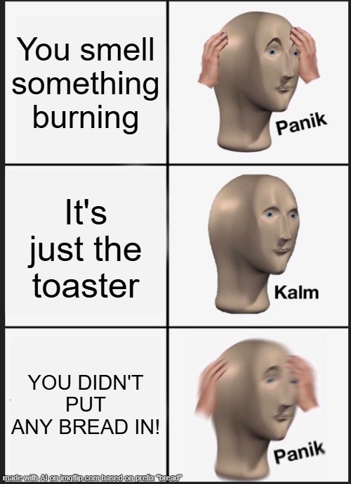 when u leave the toaster on | You smell something burning; It's just the toaster; YOU DIDN'T PUT ANY BREAD IN! | image tagged in memes,panik kalm panik,bread,toaster | made w/ Imgflip meme maker