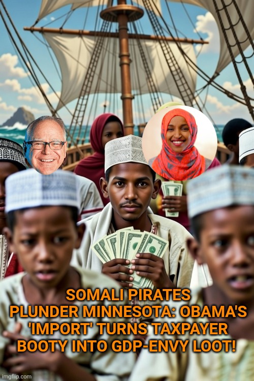 Somali Pirates Plunder Minnesota: Obama's 'Import' Turns Taxpayer Booty into GDP-Envy Loot! | SOMALI PIRATES PLUNDER MINNESOTA: OBAMA'S 'IMPORT' TURNS TAXPAYER BOOTY INTO GDP-ENVY LOOT! | image tagged in minnesota,somalis,obama,fraud,ilhan omar,tim walz | made w/ Imgflip meme maker