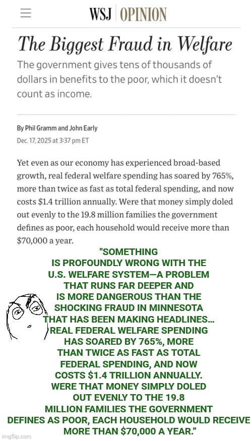 Something is profoundly wrong with the U.S. Welfare system... | "SOMETHING IS PROFOUNDLY WRONG WITH THE U.S. WELFARE SYSTEM—A PROBLEM THAT RUNS FAR DEEPER AND IS MORE DANGEROUS THAN THE SHOCKING FRAUD IN MINNESOTA THAT HAS BEEN MAKING HEADLINES… REAL FEDERAL WELFARE SPENDING HAS SOARED BY 765%, MORE THAN TWICE AS FAST AS TOTAL FEDERAL SPENDING, AND NOW COSTS $1.4 TRILLION ANNUALLY. WERE THAT MONEY SIMPLY DOLED OUT EVENLY TO THE 19.8 MILLION FAMILIES THE GOVERNMENT DEFINES AS POOR, EACH HOUSEHOLD WOULD RECEIVE
 MORE THAN $70,000 A YEAR.” | image tagged in blank white template | made w/ Imgflip meme maker