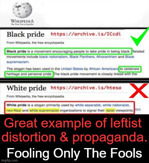 Passive aggressive racism | Great example of leftist 
distortion & propaganda. Fooling Only The Fools | image tagged in prejudice,pride and prejudice,racism,passive aggressive racism,wikipedia,that's racist | made w/ Imgflip meme maker