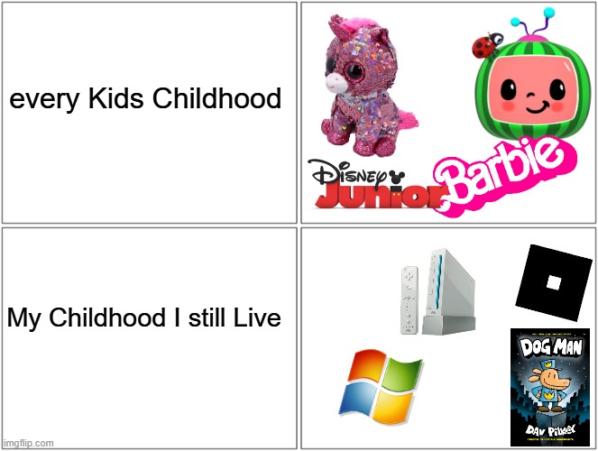 Childhood be like | every Kids Childhood; My Childhood I still Live | image tagged in memes,blank comic panel 2x2,childhood | made w/ Imgflip meme maker