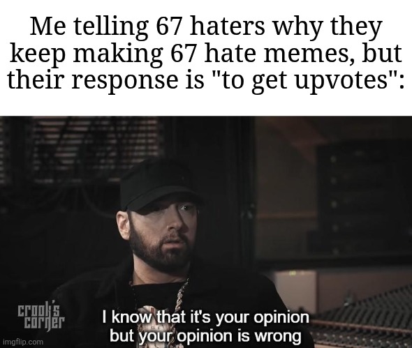 What a stupid response that was | Me telling 67 haters why they keep making 67 hate memes, but their response is "to get upvotes": | image tagged in i know that it's your opinion but your opinion is wrong,memes,67,why are you reading this | made w/ Imgflip meme maker