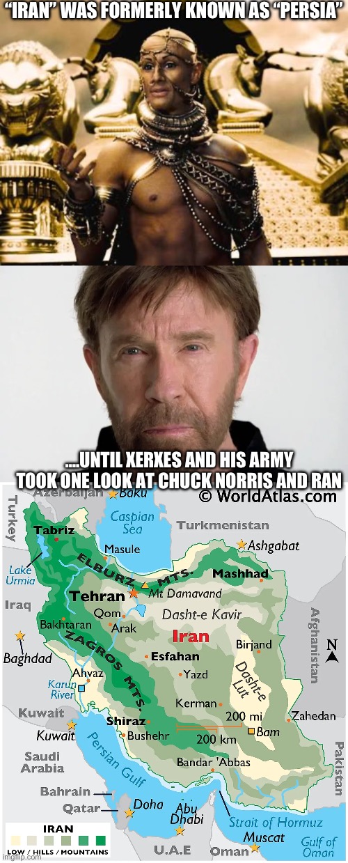 I-Ran | “IRAN” WAS FORMERLY KNOWN AS “PERSIA”; ….UNTIL XERXES AND HIS ARMY TOOK ONE LOOK AT CHUCK NORRIS AND RAN | image tagged in xerxes,chuck ain't happy | made w/ Imgflip meme maker