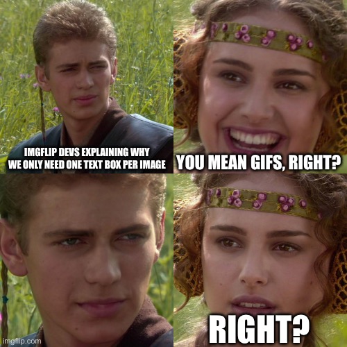 IMGFLIP DEVS EXPLAINING WHY WE ONLY NEED ONE TEXT BOX PER IMAGE YOU MEAN GIFS, RIGHT? RIGHT? | image tagged in anakin padme 4 panel | made w/ Imgflip meme maker