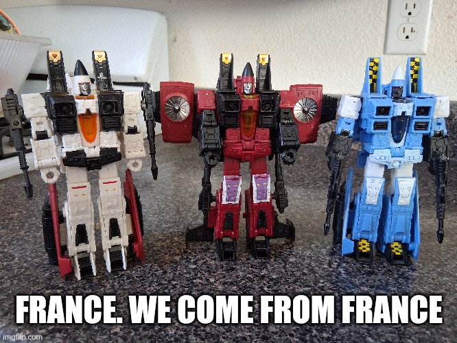 Conehead seekers | FRANCE. WE COME FROM FRANCE | image tagged in transformers,conehead,parody,snl,decepticons,robots | made w/ Imgflip meme maker
