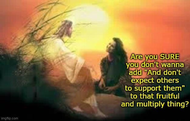 Who'd a thunk we'd need it | Are you SURE you don't wanna add "And don't expect others to support them" to that fruitful and multiply thing? | image tagged in fruitful and multiply meme | made w/ Imgflip meme maker