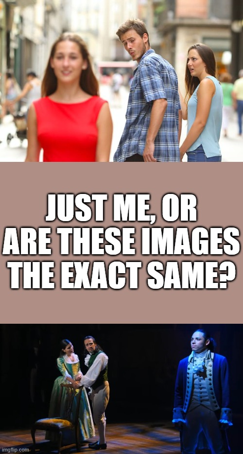 JUST ME, OR ARE THESE IMAGES THE EXACT SAME? | image tagged in memes,distracted boyfriend,lams in front of eliza | made w/ Imgflip meme maker