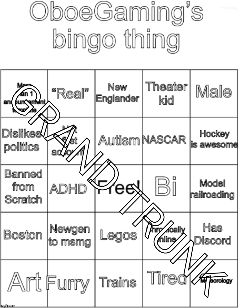 OboeGaming bingo thing V1 | GRAND TRUNK | image tagged in oboegaming bingo thing v1 | made w/ Imgflip meme maker