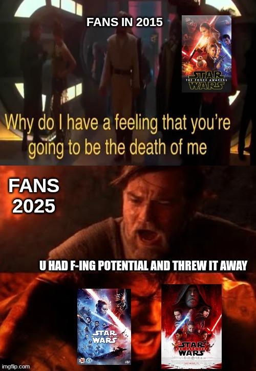 starwars sequels meme | FANS IN 2015; FANS 2025; U HAD F-ING POTENTIAL AND THREW IT AWAY | image tagged in memes,movies,star wars,sequels,failure,the force awakens | made w/ Imgflip meme maker