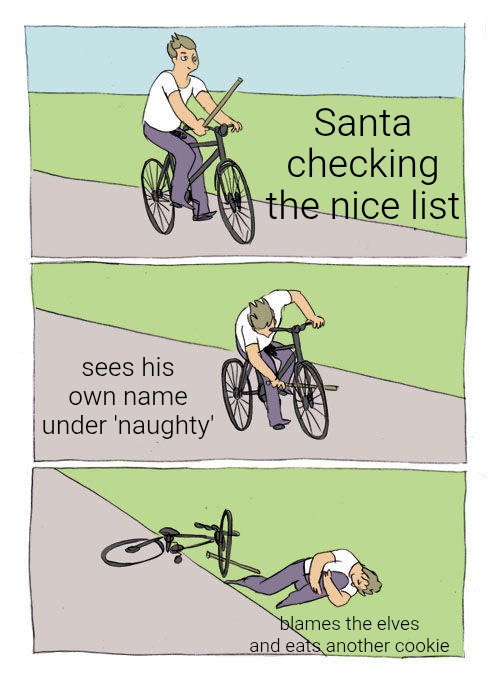 Santa | Santa checking the nice list; sees his own name under 'naughty'; blames the elves and eats another cookie | image tagged in memes,bike fall,santa claus,christmas | made w/ Imgflip meme maker