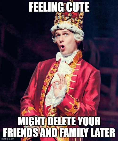 King George from Hamilton | FEELING CUTE; MIGHT DELETE YOUR FRIENDS AND FAMILY LATER | image tagged in king george from hamilton | made w/ Imgflip meme maker