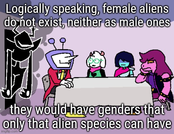 Logically speaking, female aliens do not exist, neither as male ones; they would have genders that only that alien species can have | made w/ Imgflip meme maker