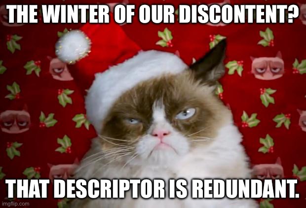 I Hate Winter | THE WINTER OF OUR DISCONTENT? THAT DESCRIPTOR IS REDUNDANT. | image tagged in grumpy santa cat | made w/ Imgflip meme maker