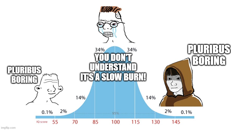 Pluribus | PLURIBUS BORING; YOU DON'T UNDERSTAND IT'S A SLOW BURN! PLURIBUS BORING | image tagged in midwit memes | made w/ Imgflip meme maker