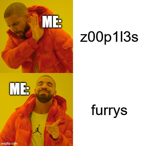 z00p1l3s furrys ME: ME: | image tagged in memes,drake hotline bling | made w/ Imgflip meme maker