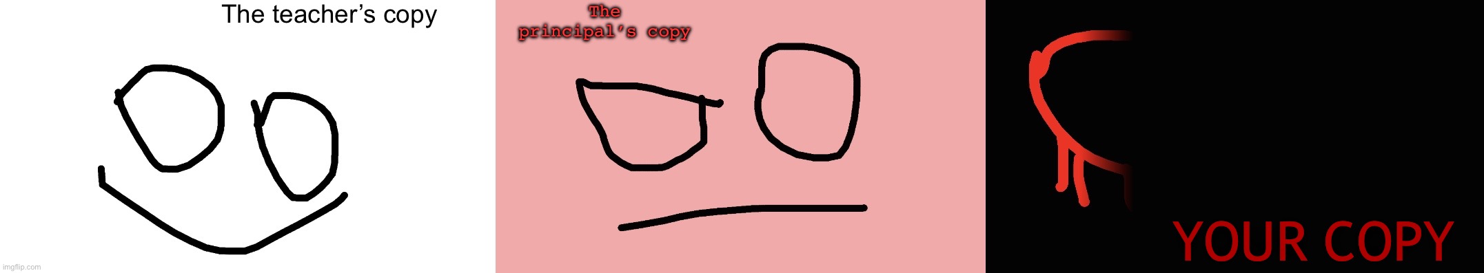 Teacher’s Copy | The teacher’s copy; The principal’s copy; YOUR COPY | image tagged in increasingly pained face | made w/ Imgflip meme maker