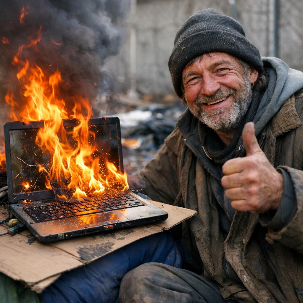 un pc qui brule et son proprietaire sdf qui fait un pouce comme Blank Meme Template