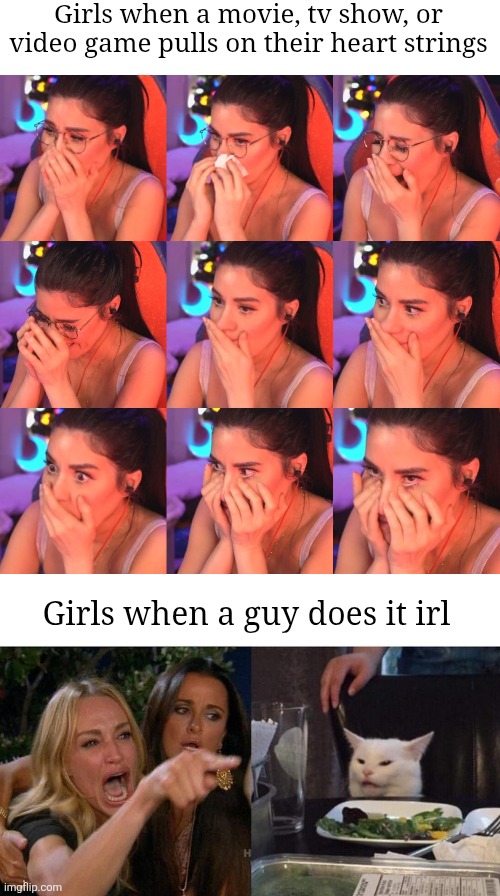 What do you even want | Girls when a movie, tv show, or video game pulls on their heart strings; Girls when a guy does it irl | image tagged in memes,woman yelling at cat,crazy lady | made w/ Imgflip meme maker