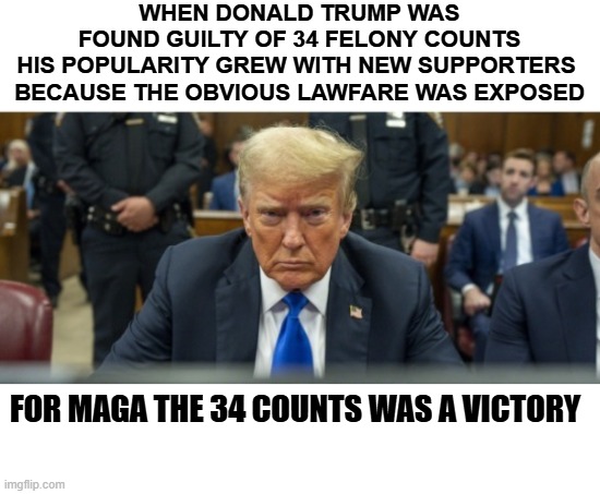 MAGA's victory 34 counts | WHEN DONALD TRUMP WAS FOUND GUILTY OF 34 FELONY COUNTS

HIS POPULARITY GREW WITH NEW SUPPORTERS 
BECAUSE THE OBVIOUS LAWFARE WAS EXPOSED; FOR MAGA THE 34 COUNTS WAS A VICTORY | made w/ Imgflip meme maker