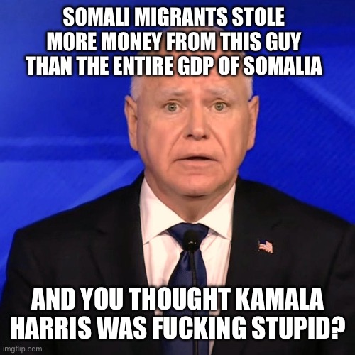 Tim Walz Debate 2024 | SOMALI MIGRANTS STOLE MORE MONEY FROM THIS GUY THAN THE ENTIRE GDP OF SOMALIA; AND YOU THOUGHT KAMALA HARRIS WAS FUCKING STUPID? | image tagged in tim walz debate 2024 | made w/ Imgflip meme maker