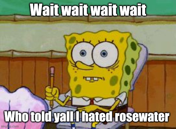 Scared Spongebob | Wait wait wait wait; Who told yall I hated rosewater | image tagged in scared spongebob | made w/ Imgflip meme maker