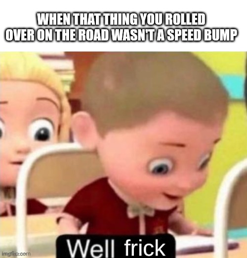 Well Frick (clean} | WHEN THAT THING YOU ROLLED OVER ON THE ROAD WASN'T A SPEED BUMP | image tagged in well frick clean | made w/ Imgflip meme maker