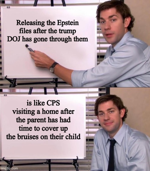 Jim Halpert Explains | Releasing the Epstein files after the trump DOJ has gone through them; is like CPS visiting a home after the parent has had time to cover up the bruises on their child | image tagged in jim halpert explains | made w/ Imgflip meme maker