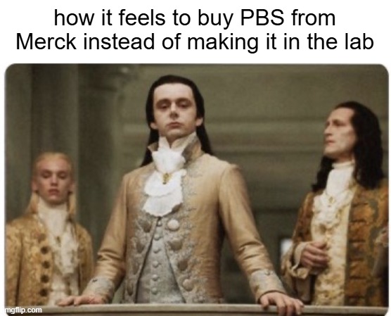 lab snobbery | how it feels to buy PBS from Merck instead of making it in the lab | image tagged in superior royalty | made w/ Imgflip meme maker