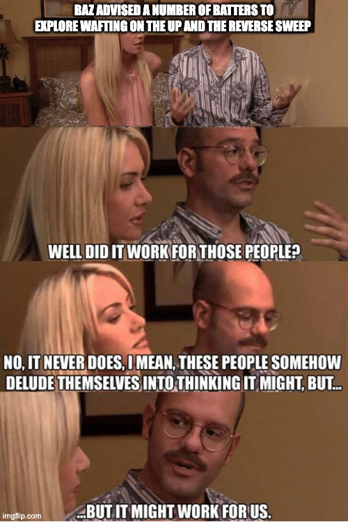 But It Might Work For Us | BAZ ADVISED A NUMBER OF BATTERS TO EXPLORE WAFTING ON THE UP AND THE REVERSE SWEEP | image tagged in but it might work for us | made w/ Imgflip meme maker