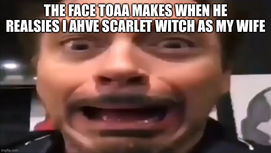 Hehe | THE FACE TOAA MAKES WHEN HE REALSIES I AHVE SCARLET WITCH AS MY WIFE | image tagged in robert downey jr screaming | made w/ Imgflip meme maker