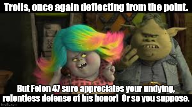 Trolls, once again deflecting from the point. But Felon 47 sure appreciates your undying, relentless defense of his honor!  Or so you suppos | made w/ Imgflip meme maker