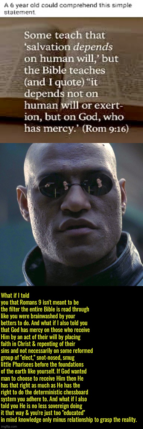 Here we go again with another Romans 9 shame festival | What if I told you that Romans 9 isn't meant to be the filter the entire Bible is read through like you were brainwashed by your betters to do. And what if I also told you that God has mercy on those who receive Him by an act of their will by placing faith in Christ & repenting of their sins and not necessarily on some reformed group of "elect," snot-nosed, smug little Pharisees before the foundations of the earth like yourself. If God wanted man to choose to receive Him then He has that right as much as He has the right to do the deterministic chessboard system you adhere to. And what if I also told you He is no less sovereign doing it that way & you're just too "educated" in mind knowledge only minus relationship to grasp the reality. | image tagged in the matrix - morpheus - what if i told you hd,calvinism,calvinist memes,anti calvinism,reformed theology,smug | made w/ Imgflip meme maker