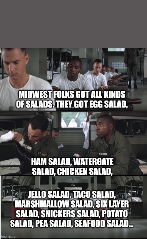 Midwest salads | MIDWEST FOLKS GOT ALL KINDS OF SALADS. THEY GOT EGG SALAD, HAM SALAD, WATERGATE SALAD, CHICKEN SALAD, JELLO SALAD, TACO SALAD, MARSHMALLOW SALAD, SIX LAYER SALAD, SNICKERS SALAD, POTATO SALAD, PEA SALAD, SEAFOOD SALAD... | image tagged in bubba types of shrimp,food,salad,chicken,potato,marshmallow | made w/ Imgflip meme maker