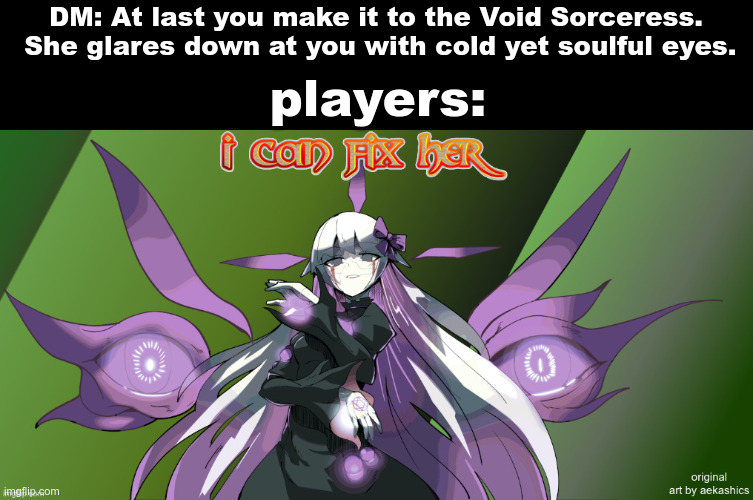 No.  No you f***ing can't you clowns. | DM: At last you make it to the Void Sorceress.  She glares down at you with cold yet soulful eyes. players: | image tagged in i can fix her | made w/ Imgflip meme maker
