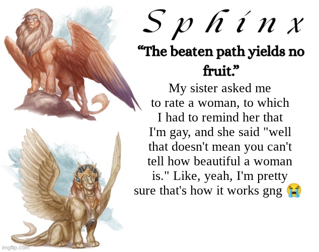 Spinx (aka erocitnaM) | My sister asked me to rate a woman, to which I had to remind her that I'm gay, and she said "well that doesn't mean you can't tell how beautiful a woman is." Like, yeah, I'm pretty sure that's how it works gng 😭 | image tagged in spinx aka erocitnam | made w/ Imgflip meme maker