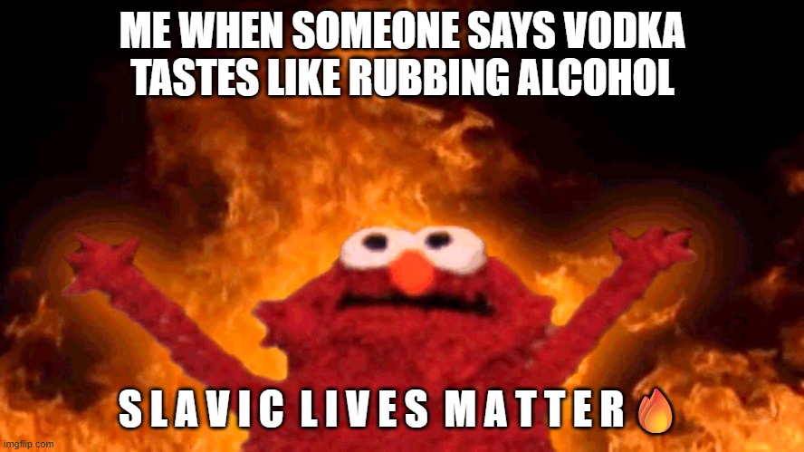 elmo fire | ME WHEN SOMEONE SAYS VODKA TASTES LIKE RUBBING ALCOHOL; S L A V I C  L I V E S  M A T T E R🔥 | image tagged in elmo fire,slavic lives matter,black lives matter | made w/ Imgflip meme maker