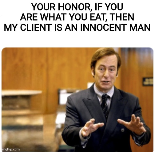 wait | YOUR HONOR, IF YOU ARE WHAT YOU EAT, THEN MY CLIENT IS AN INNOCENT MAN | image tagged in your honour my client,idk what to put here,fish,why are you reading the tags | made w/ Imgflip meme maker