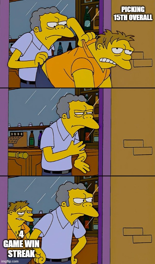 Canucks | PICKING 15TH OVERALL; 4 GAME WIN STREAK | image tagged in moe throws barney | made w/ Imgflip meme maker