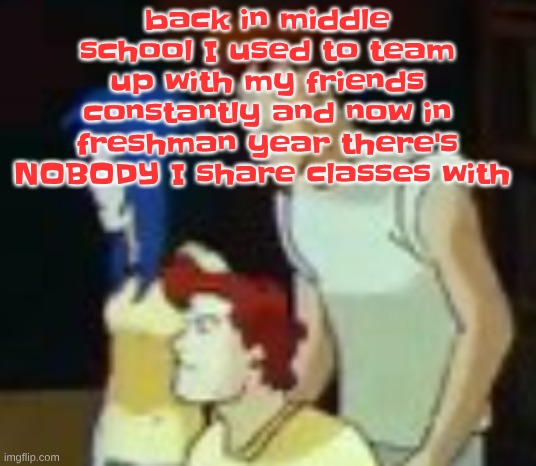 except gym but in class the teacher selects teams for us | back in middle school I used to team up with my friends constantly and now in freshman year there's NOBODY I share classes with | image tagged in qhquqhhuah | made w/ Imgflip meme maker